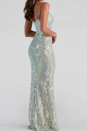 Sky Blue formal gown featuring sequin and geometric