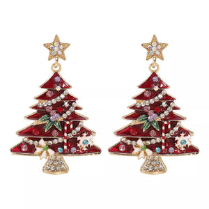 Red Christmas tree dangle earrings with star tops and festive embellishments.