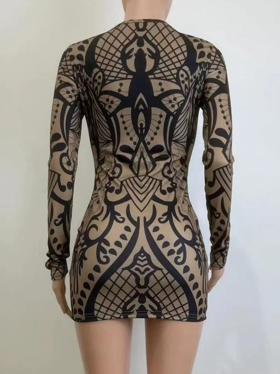 Multicolor with Abstract Print Long Sleeve Mini Dress in Multicolor