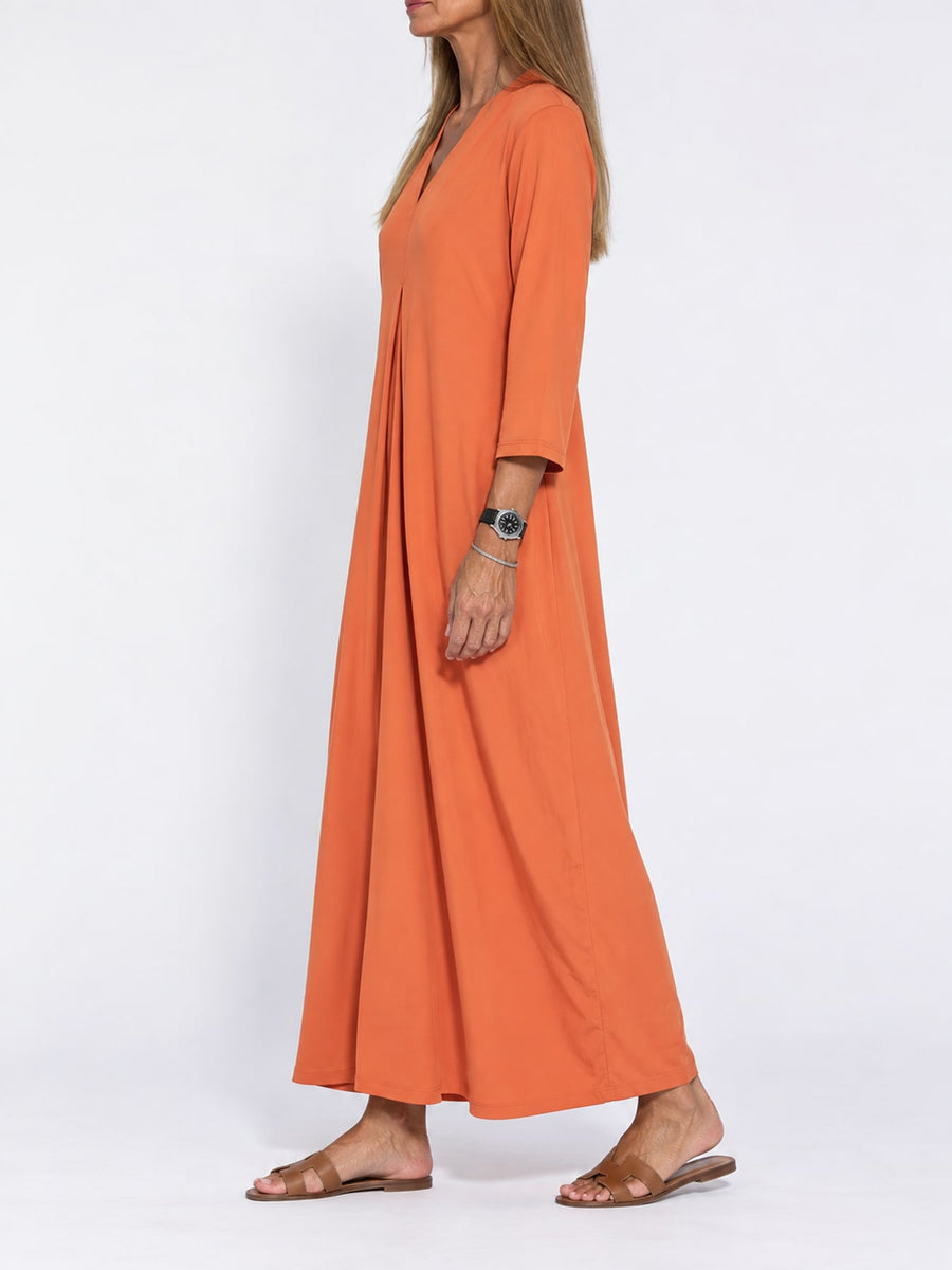 minimalist midi dress in Orange with v-neck