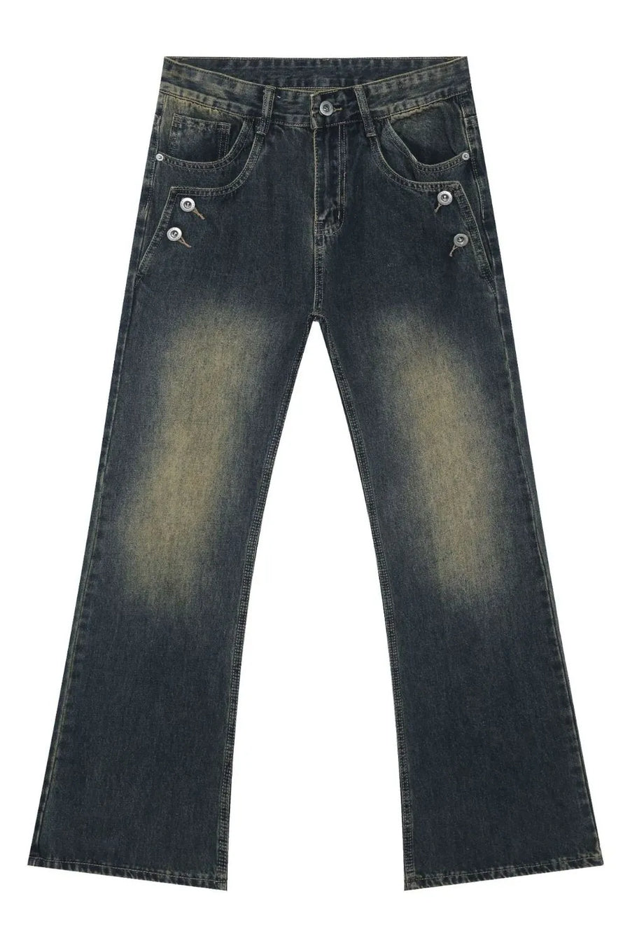 Dark wash bootcut jeans with faded details and button accents