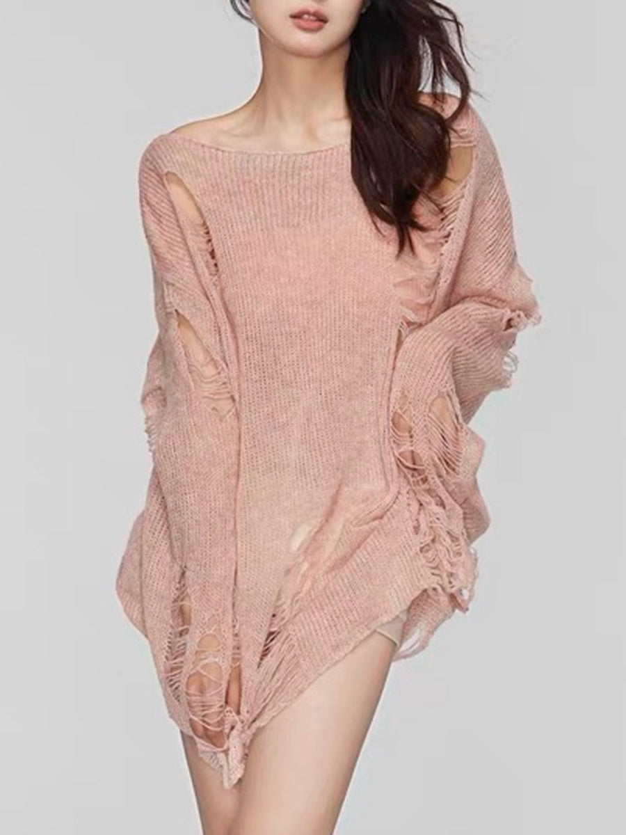 Ripped knit oversized beach pullover in watermelon pink with boat neck and distressed details.