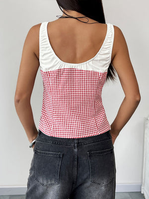 Deep Red gingham bustier top with white ruched neckline and tie detail.