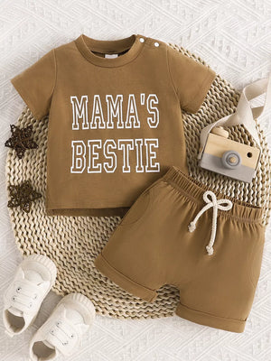 Light Green Children's Letter Round Neck Tee And Shorts Set