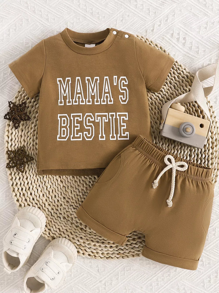 Light Green Children's Letter Round Neck Tee And Shorts Set