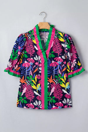 Floral frill v-neck shirt with striped accents and short sleeves.