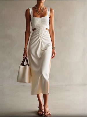 Khaki Ruched Cut-out Midi Dress