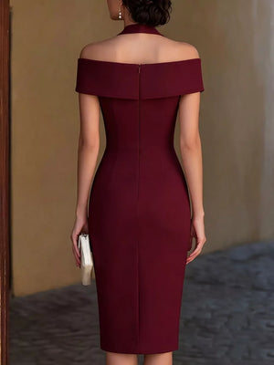 Sophisticated midi dress in red with off-the-shoulder neckline and a halter detail.