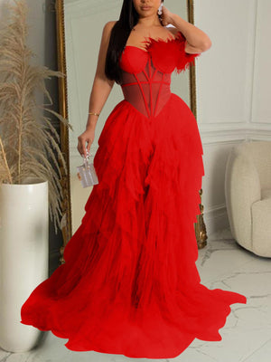 formal gown in red featuring frill and A-line fit