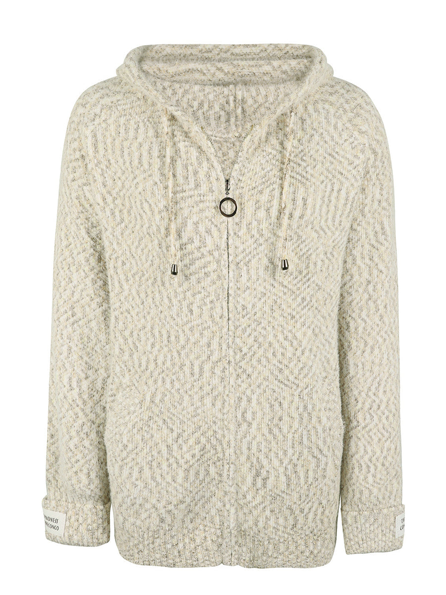 Textured knit zip-up cardigan in white with herringbone pattern, drawstring hood, and logo detail on sleeve cuff.