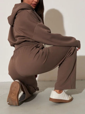 Pink lounge set with cropped and zip-front, drawstring, elastic