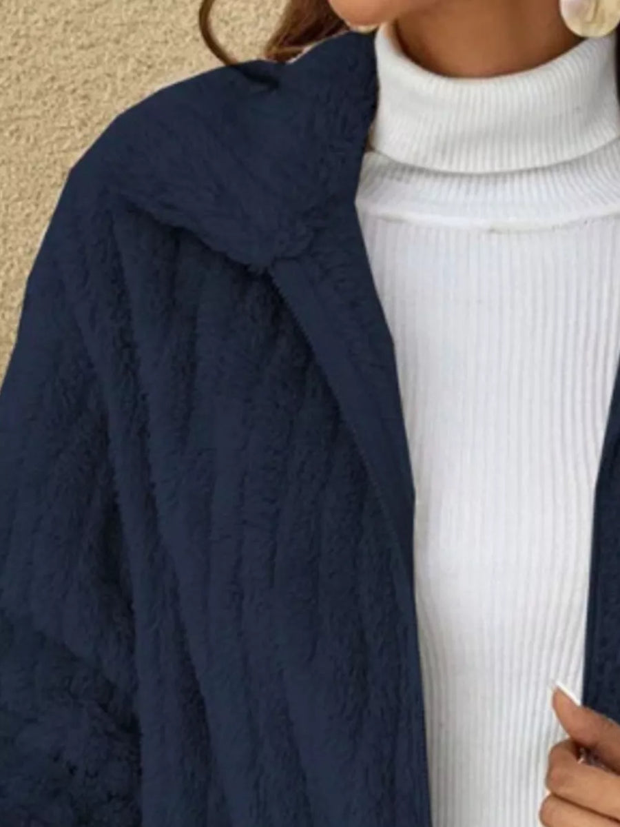 faux fur coat in Air Force Blue with plus-size and hip-length