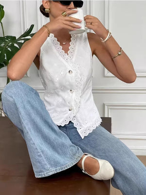 White tank top with waist-length and button-front