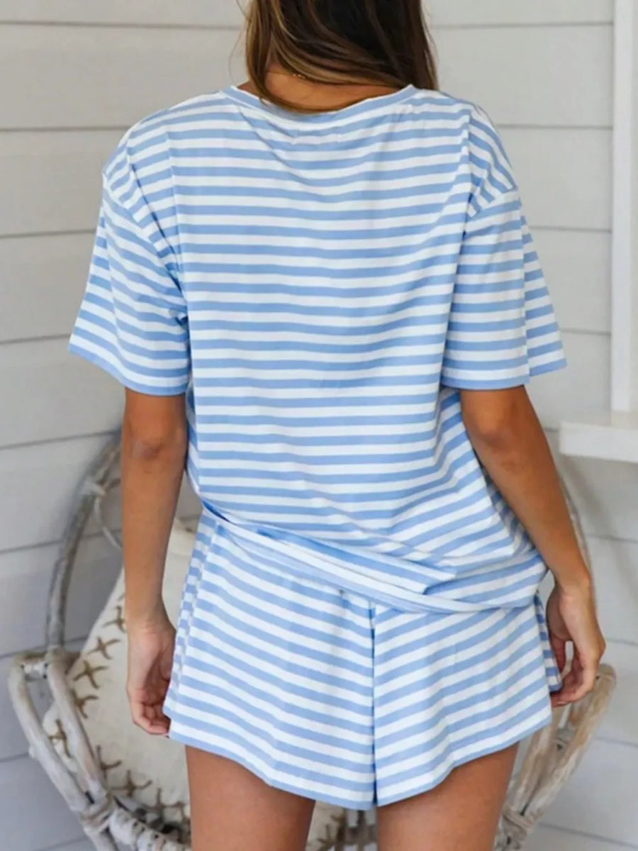 Blue striped tee and drawstring shorts set for women, casual loungewear.