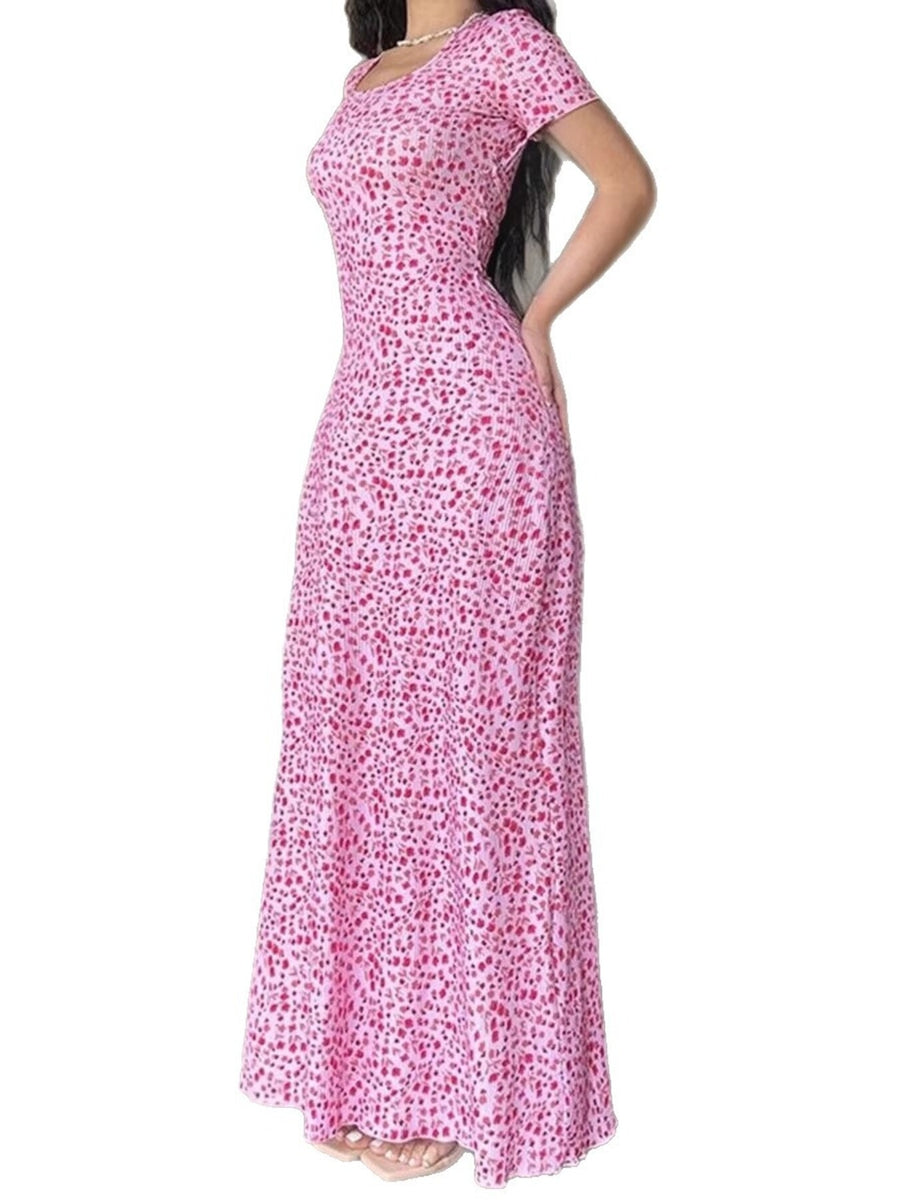 Yellow maxi dress with stretch and short sleeve