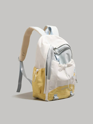 Nylon drawstring backpack with pockets in white and yellow, featuring adjustable straps and side pockets.