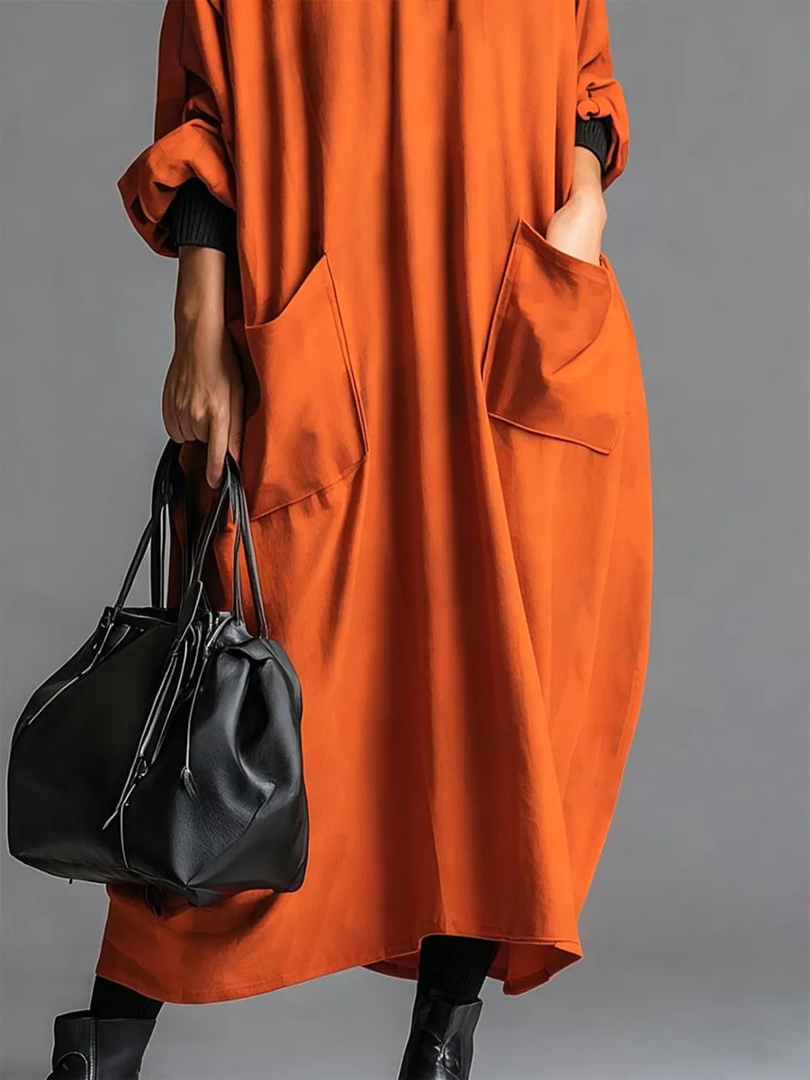 Brown midi dress with pocketed and long sleeve