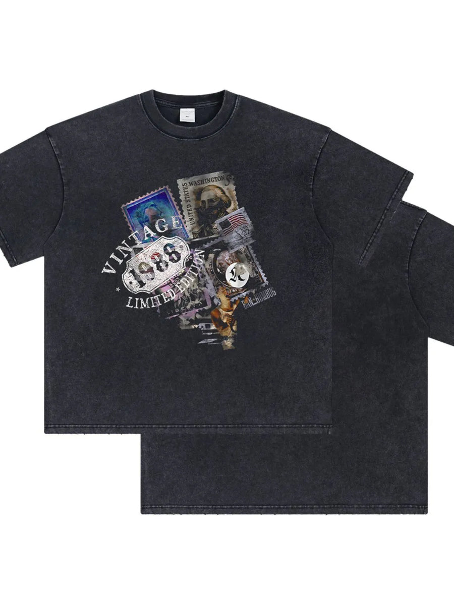 Black oversized t-shirt with vintage stamp graphic and "1986 Limited Edition" text.