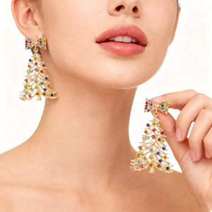 Christmas Tree Bow Drop Earrings 18k Gold-plated in Green with rhinestone embellishment