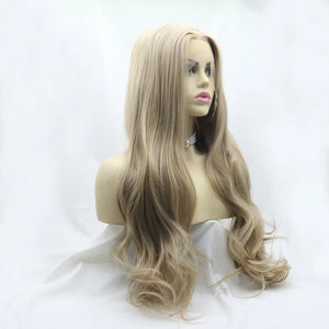 Luminous ombre lace front wig in icy blonde with beach waves, styled on a mannequin.