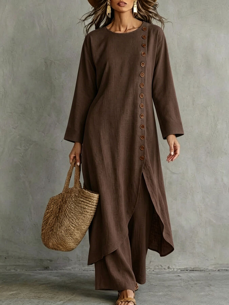 Green relaxed top and pants set with round neck