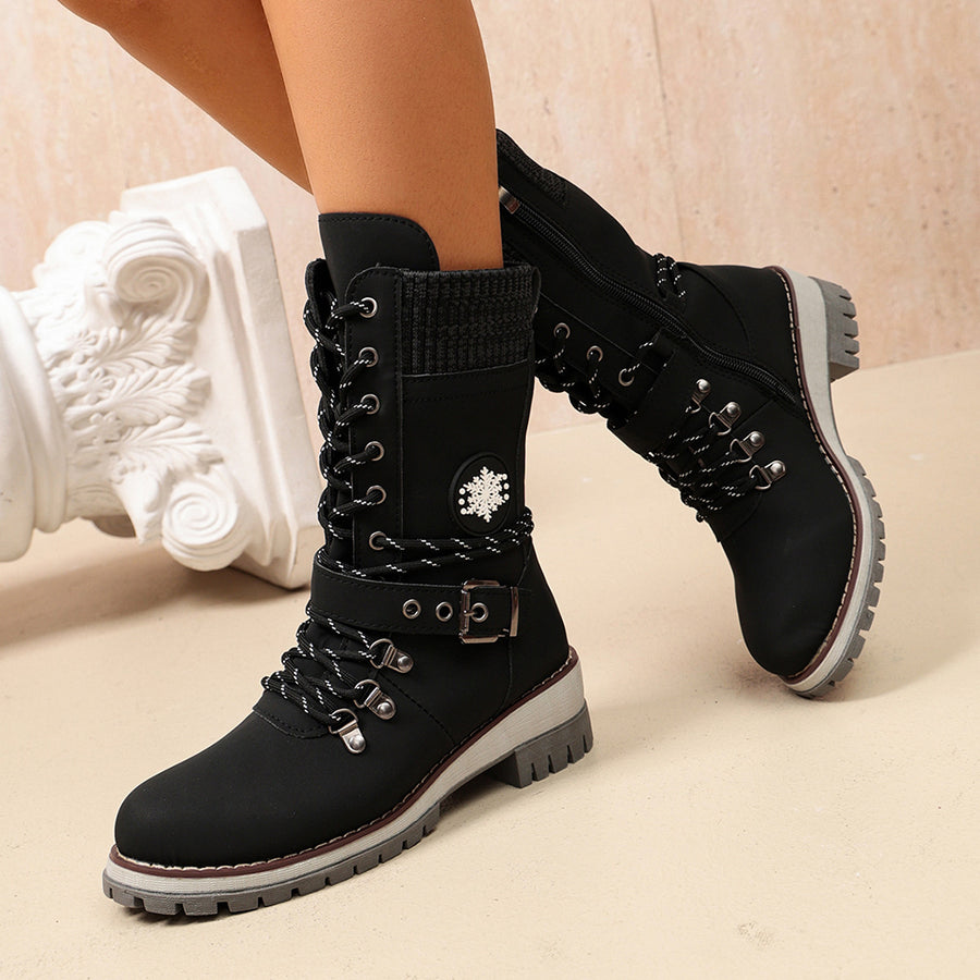 Fabric Round Toe Lace Up Boots in Red with round toe