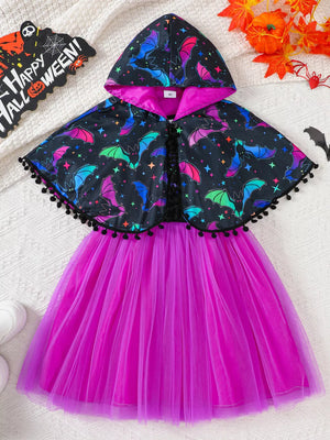 magenta mini dress with bat-print and hooded