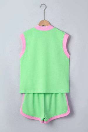 Neon Green with Color Block Half Zip Top & Shorts Set
