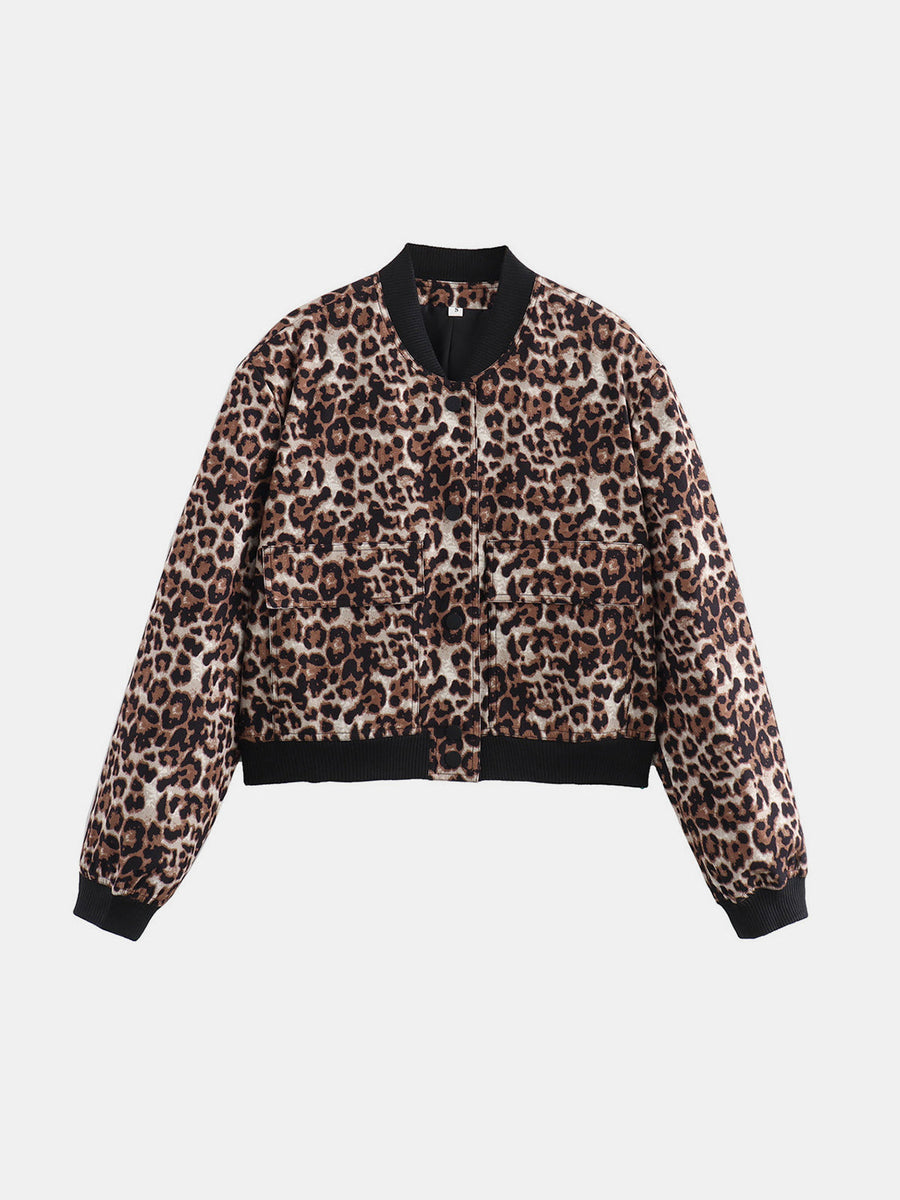 Leopard print boxy bomber jacket with black trim and two front pockets.