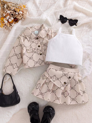 blush pink outfit set with bow-print and collared