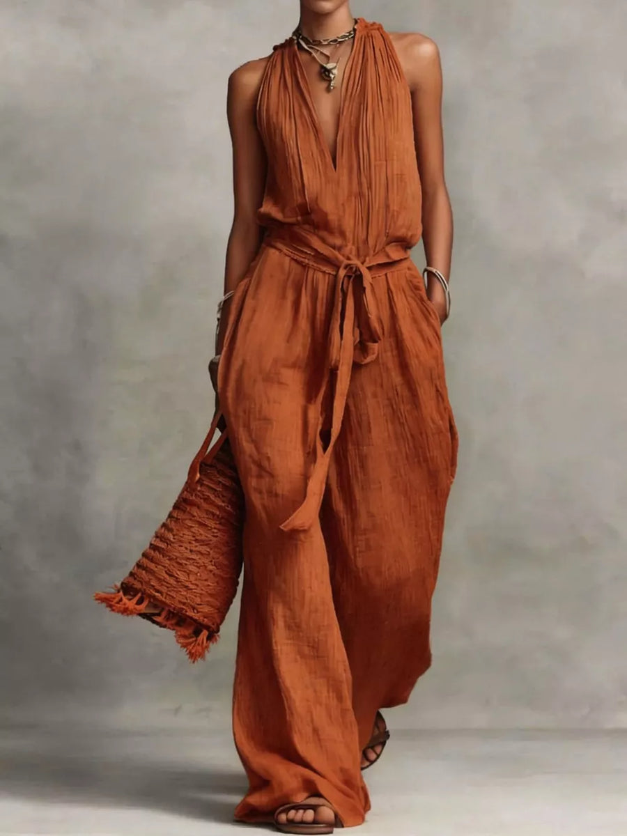 light beige jumpsuit with wide-leg and sleeveless