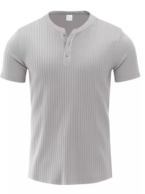 Men's gray ribbed short-sleeve henley tee with button placket.