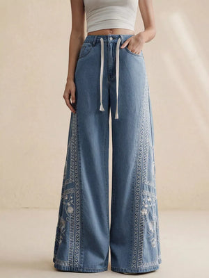 light blue denim wide-leg jeans with embroidered and N/A