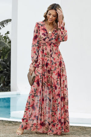 Floral ruffle maxi dress with tiered skirt and long sleeves in Floral color.