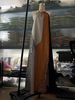brown maxi dress featuring pocketed and color-block, leopard-print, animal-print