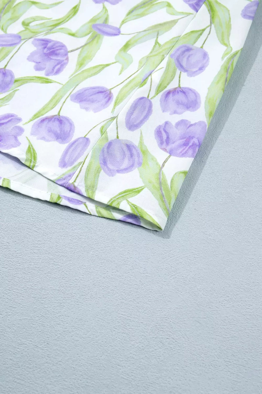 Lavender tulip print midi dress with pockets, watercolor floral pattern.