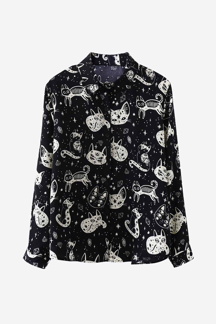 Black button-up blouse with a celestial cat print and long sleeves.