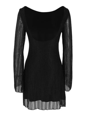 Black glitter mini dress with long sheer sleeves and a deep scoop back.