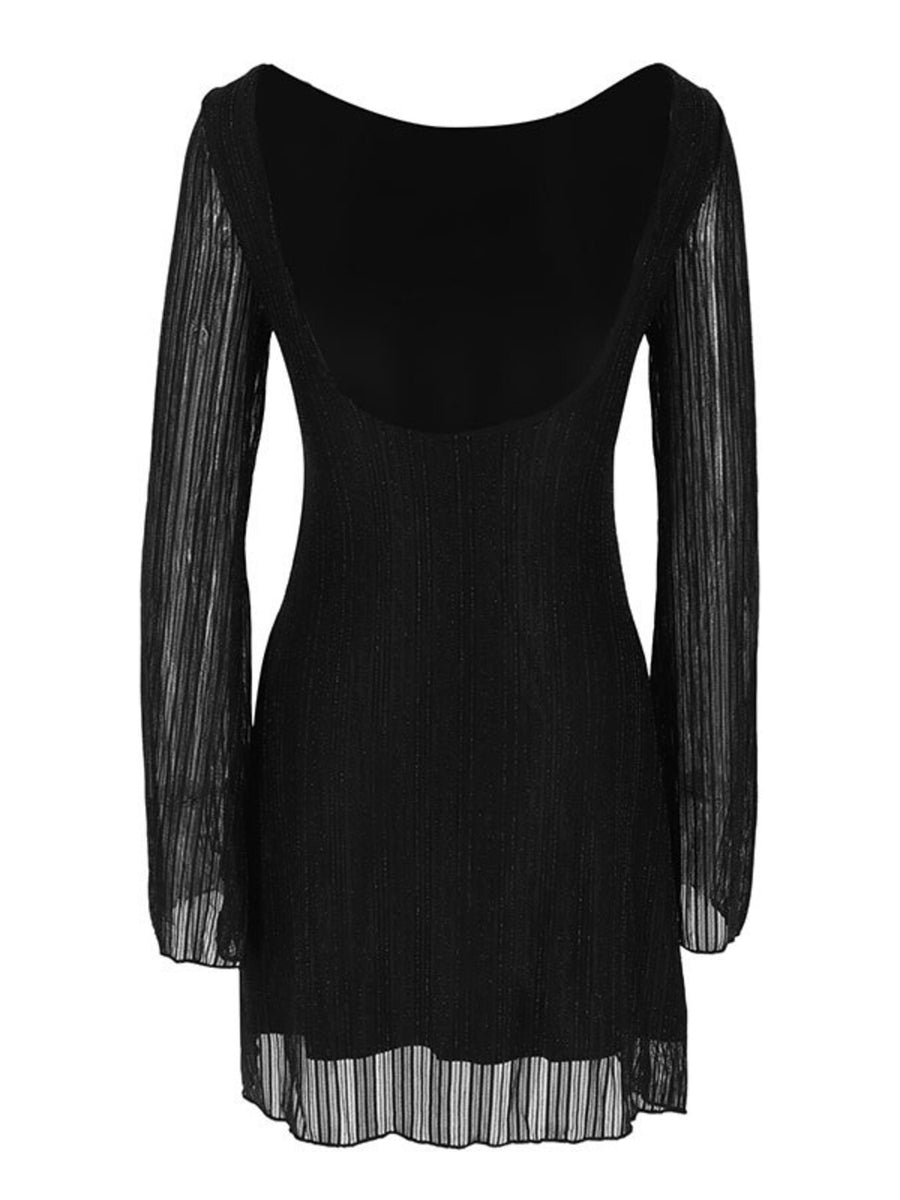 Black glitter mini dress with long sheer sleeves and a deep scoop back.
