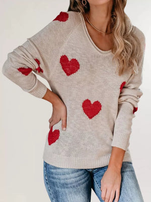 oatmeal pullover sweater with heart-print and round neck