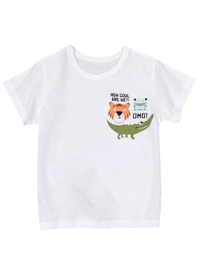 White t-shirt with short sleeves and a crew neck featuring a graphic print of a tiger, frog, and alligator with text.