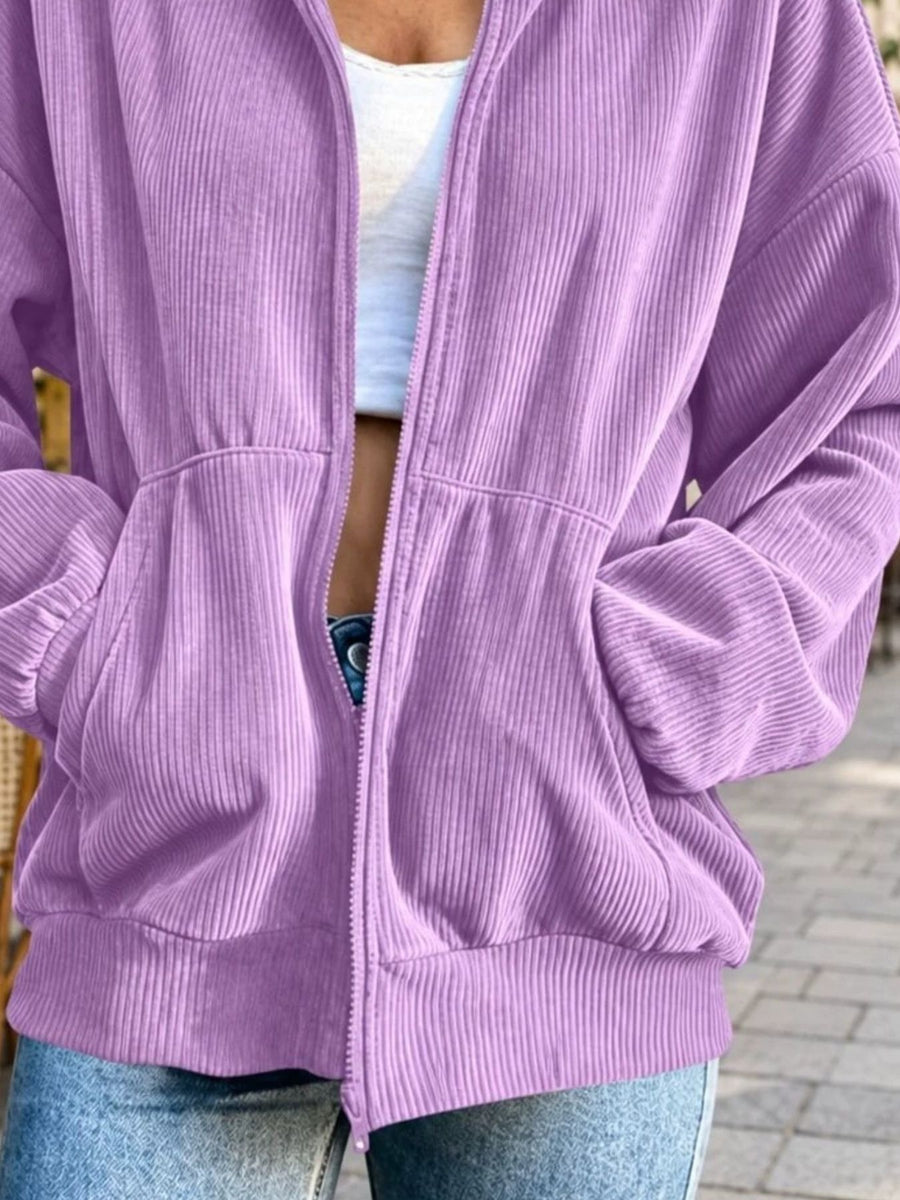 Corduroy Zip-Up Dropped Shoulder Jacket in Purple