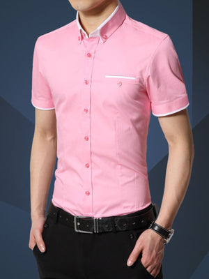 Pink button-up shirt with hip-length and button-front