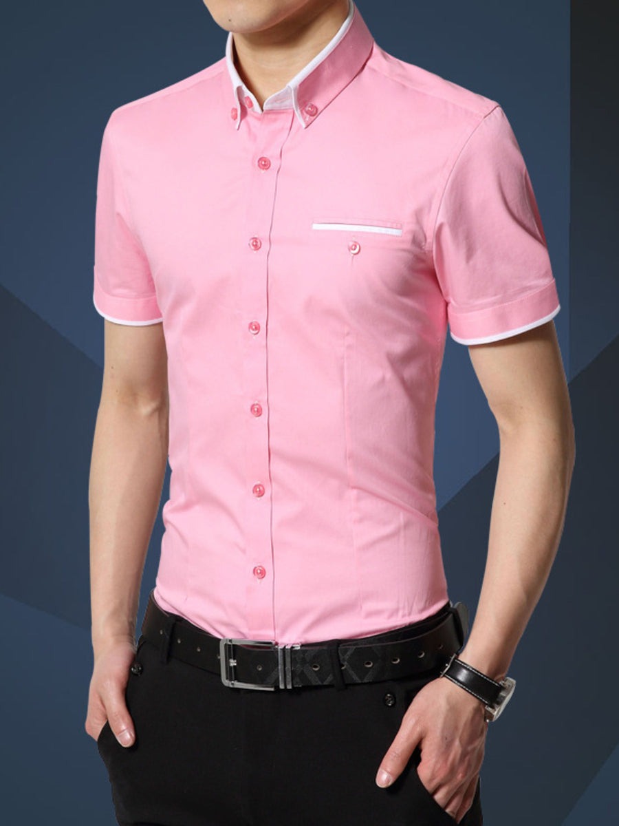 Pink button-up shirt with hip-length and button-front