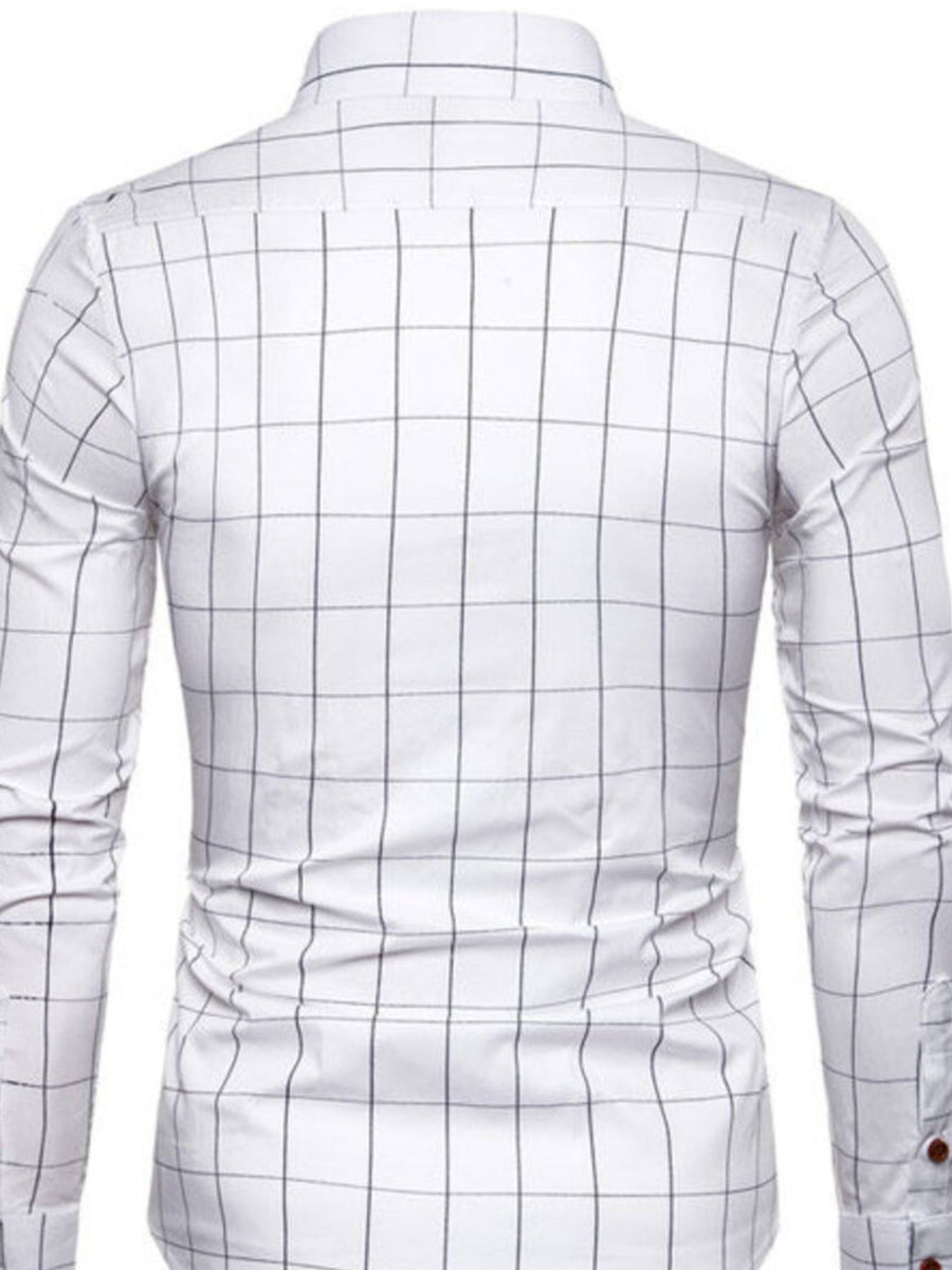 Men's white long-sleeve button-up shirt with a black grid plaid pattern.