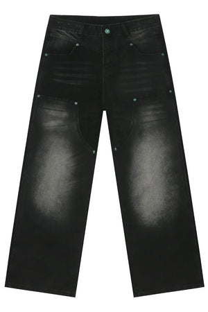 Faded wash wide-leg carpenter jeans in dark black denim with teal button details.