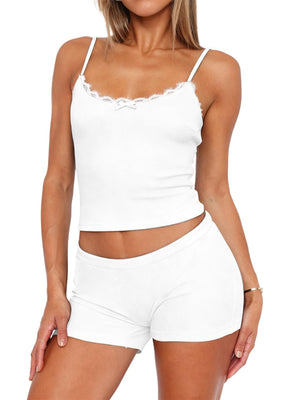 White lace-trimmed cami and shorts set with a bow detail
