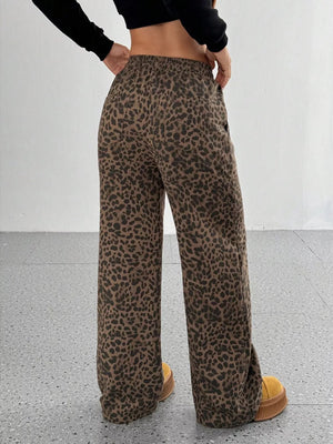 wide-leg pants in black with leopard-print and drawstring waist
