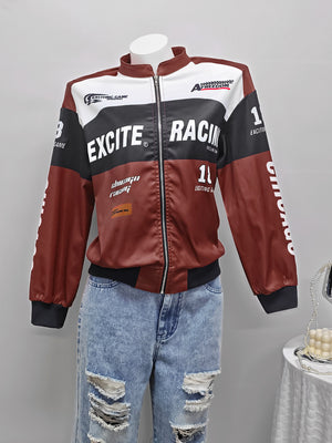 Red bomber jacket with zip-front and letter print