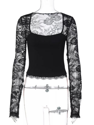 Black lace-embellished square neck t-shirt with long sleeves and cropped hem.